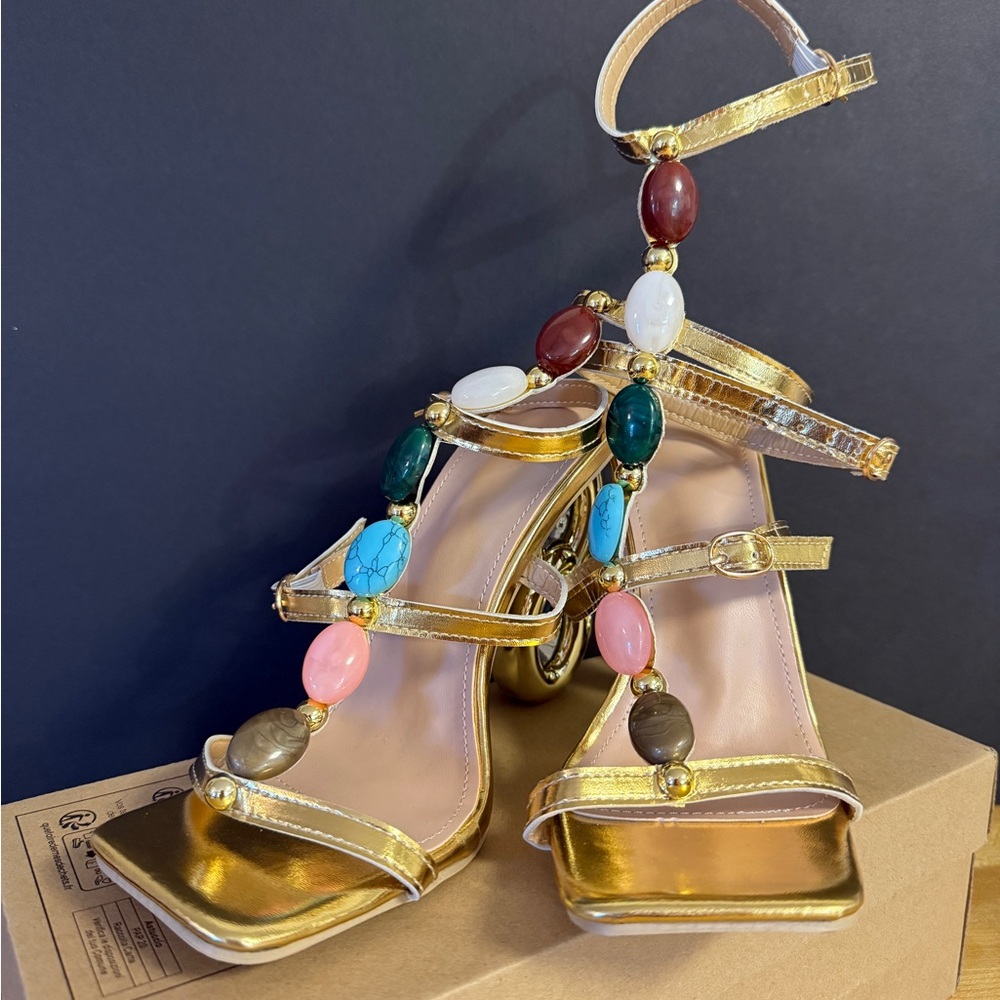 Gold Gemstone Gladiator Heels - Size 6.5 - NWT